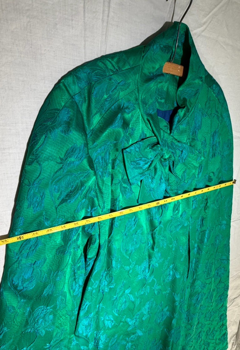 Vintage Custom Tailored Teal Green Blue Jacquard Floral Long Opera Cape-One Size