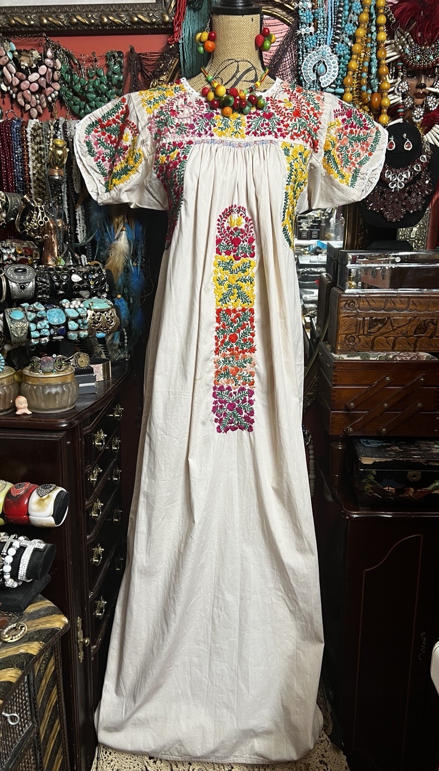 Beautiful Oaxaca Light Beige Dress In Cotton With Multi Color Embroidery M/L