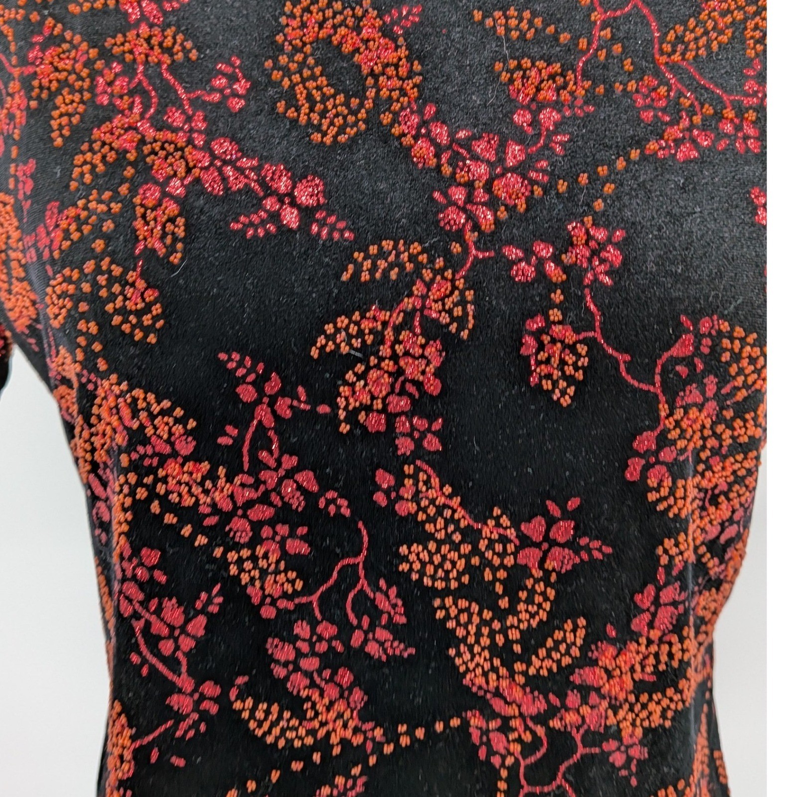 Whimsigoth Boho Glam Y2K Black Pink Glitter Floral Velvet Short Sleeve M/L Top