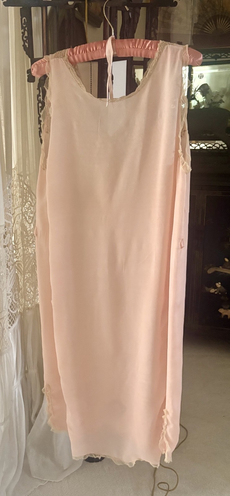 1930s Pink Silk and Lace Maxi Flapper Slip Dress with applique flowers