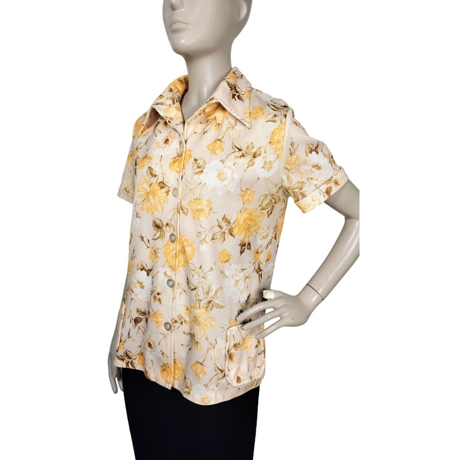 Vintage 70s Floral Button-Front Dagger Collar Sears Smock Top Women&rsquo;s Size M/L