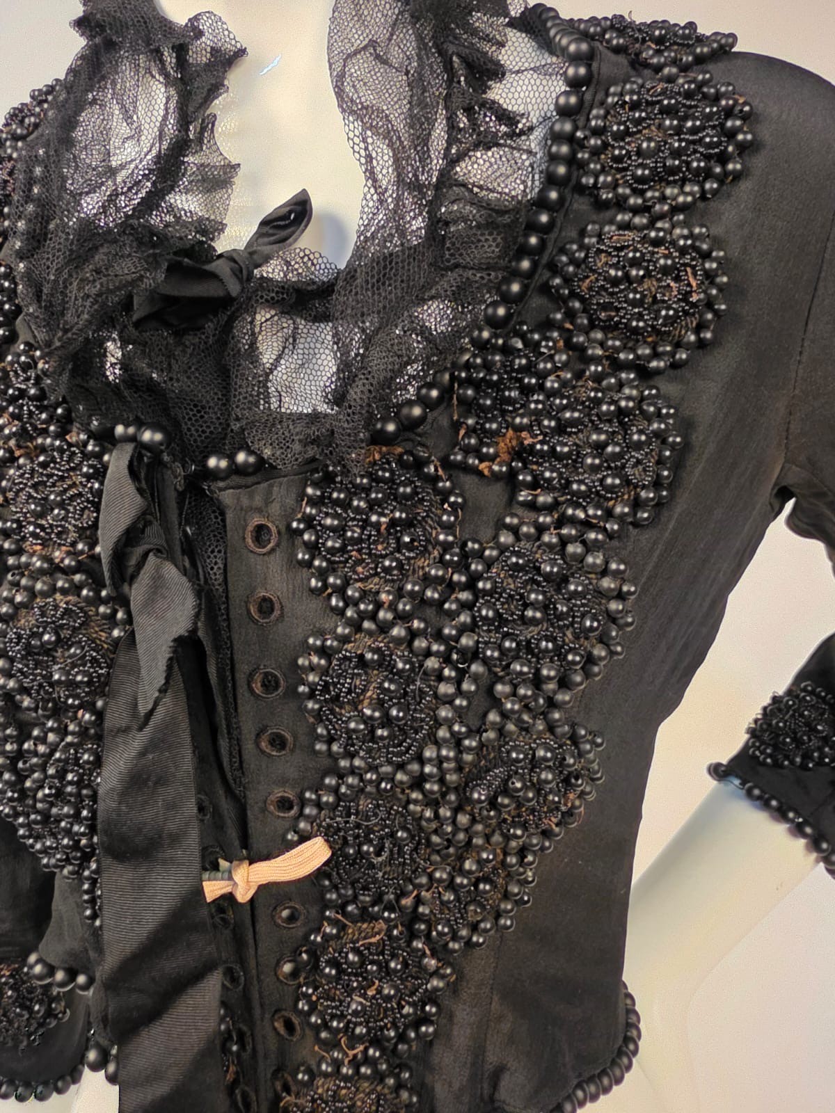 VICTORIAN 1890’S BLACK SILK BODICE W BUBBLE GLASS BEADING + CORSET LACING FRONT