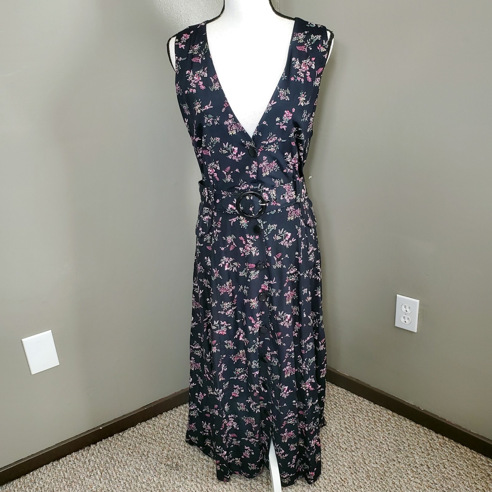 Vintage 80s Dress Womens Size 10 Black Floral Belted S.L. Fashions *READ*