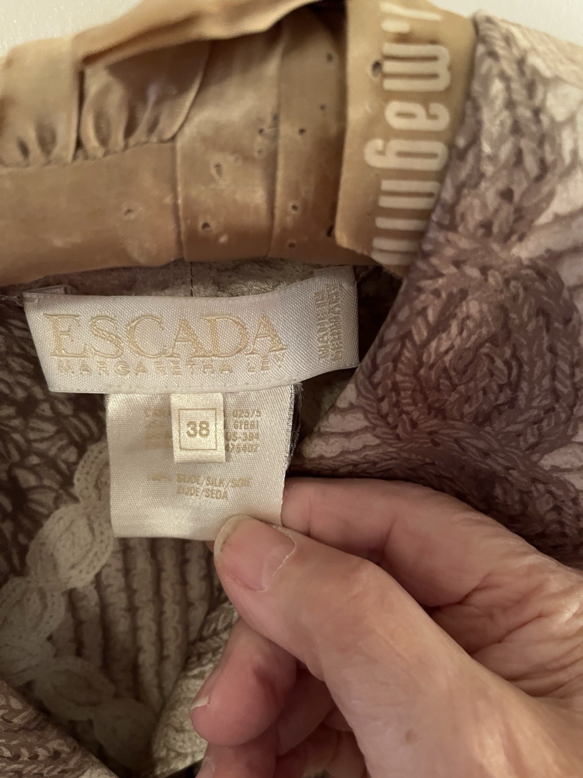 Vintage Escada Cream & Beige Silk Tassel Print Blouse Size 38