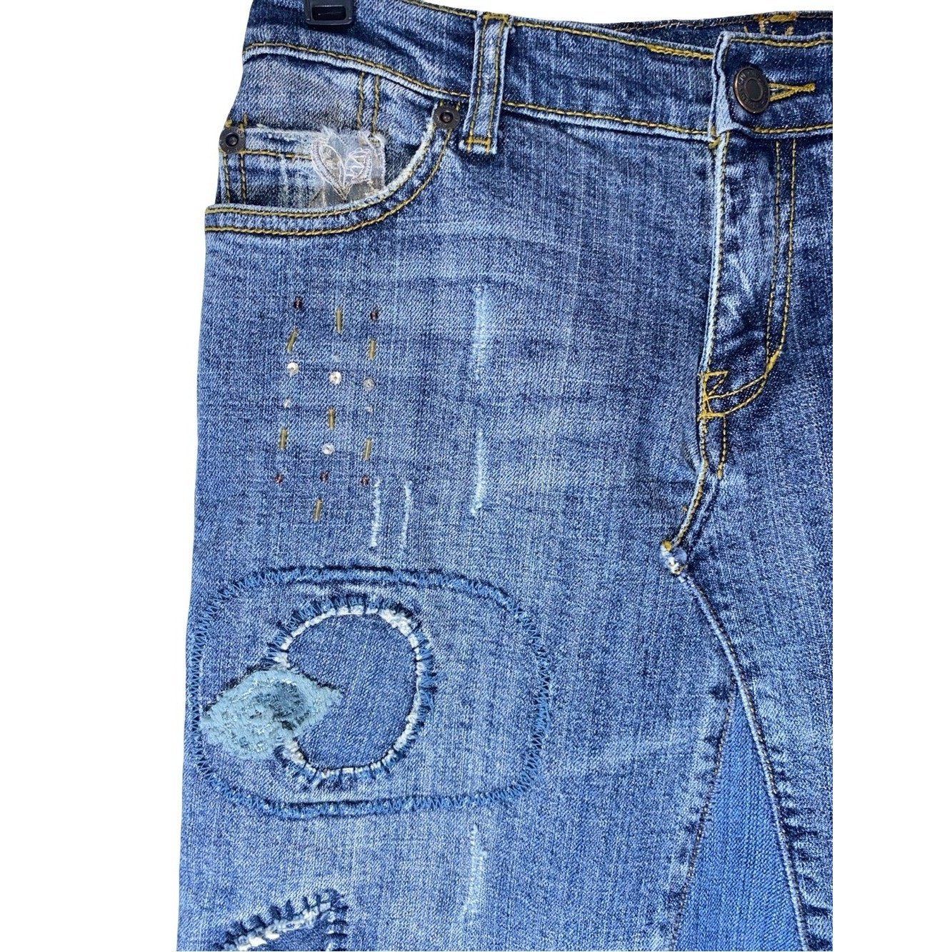 Vintage 7 For All Mankind Denim Patchwork Maxi Skirt Embroidered Y2K Boho