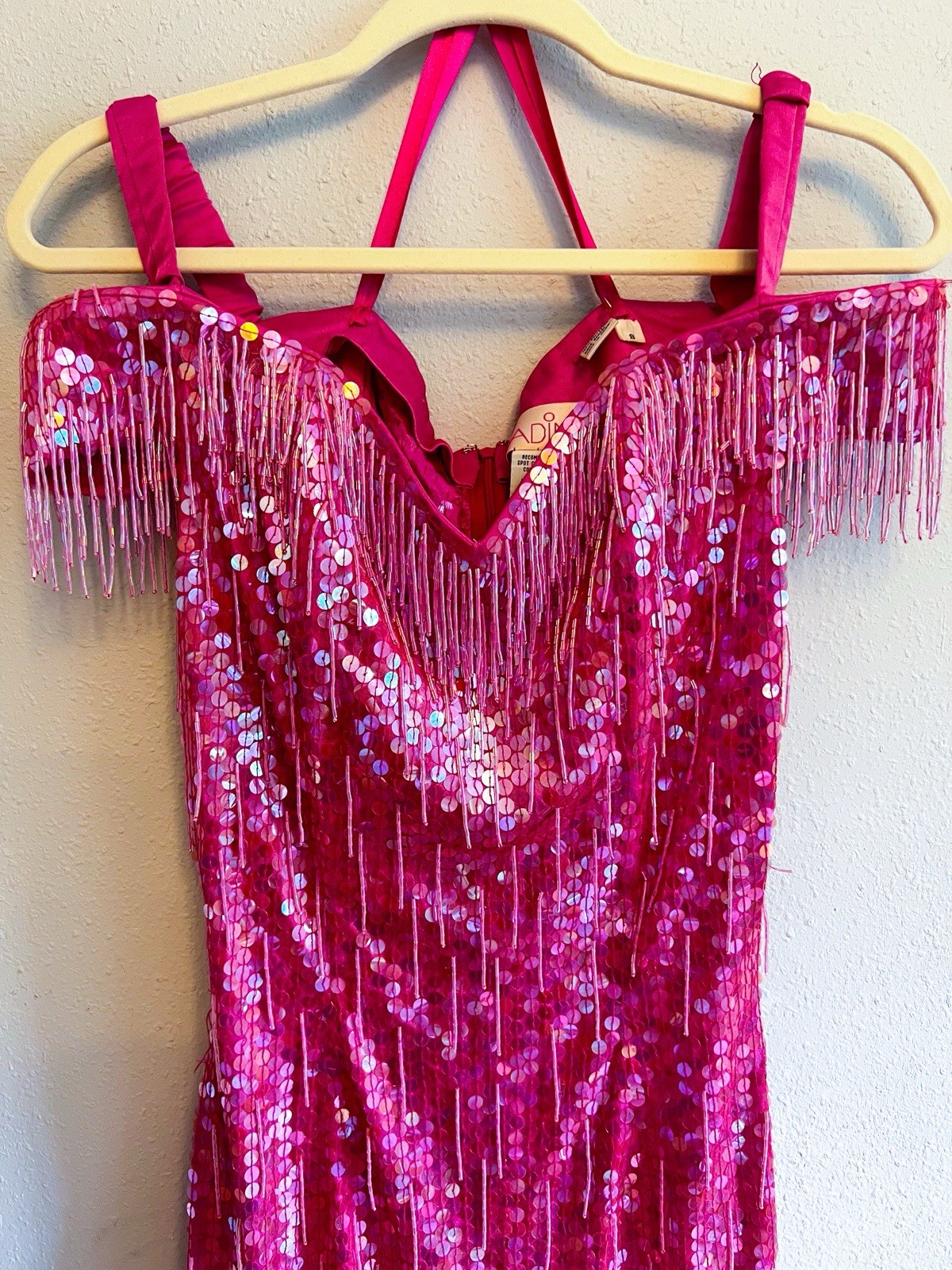 Vintage Nadine Bright Pink Sequins Beaded Fringe Off The Shoulder Dress