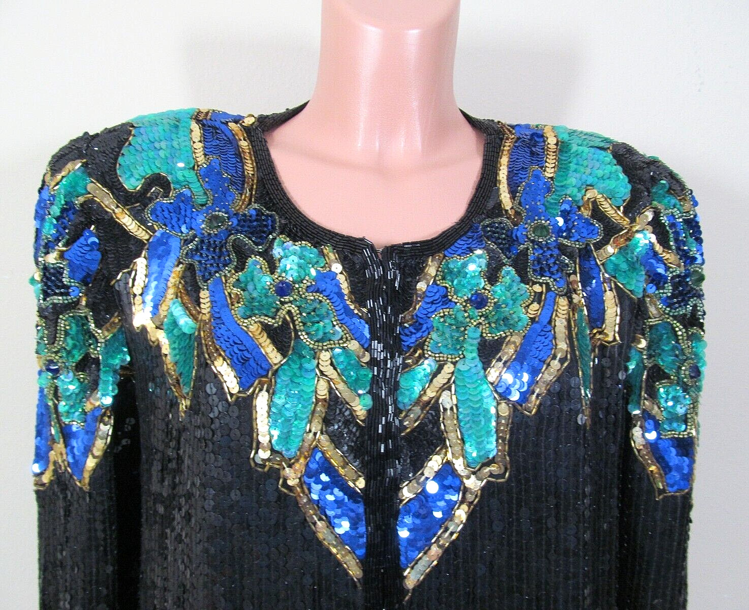 STENAY XL Black Silk Vibrant Multicolor Sequined Beaded L/S Mardi Gras Top