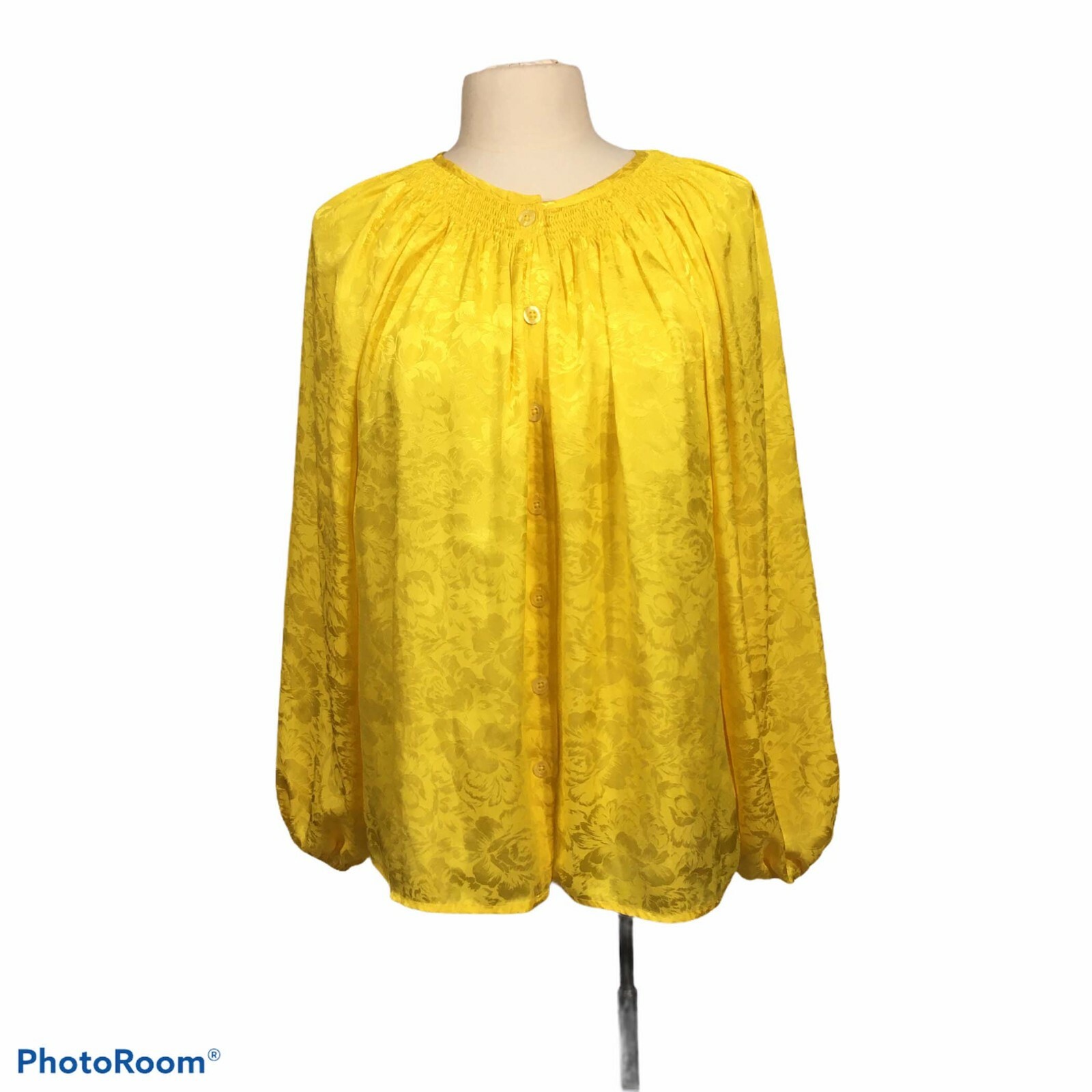Newport News Vintage Bright Yellow Peasant Top, Button Front, Secretary 10