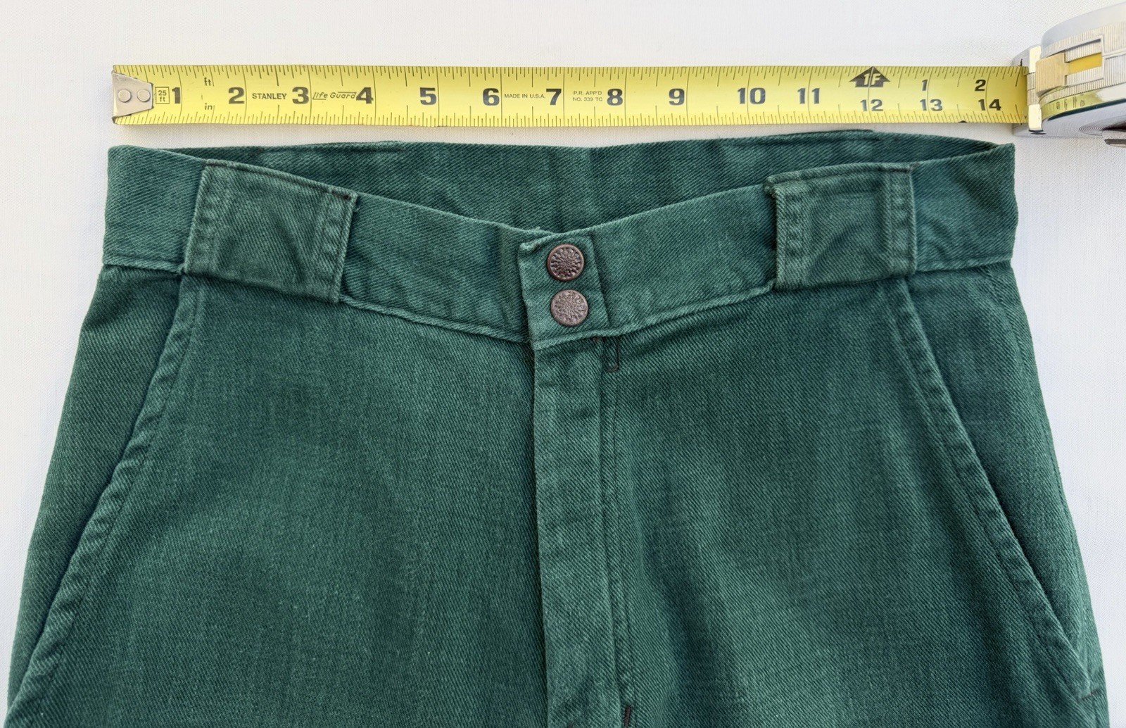 Vintage c1974 Forest Green Flared Pants Jeans Brushed Twill EUC 28” x 43.75”
