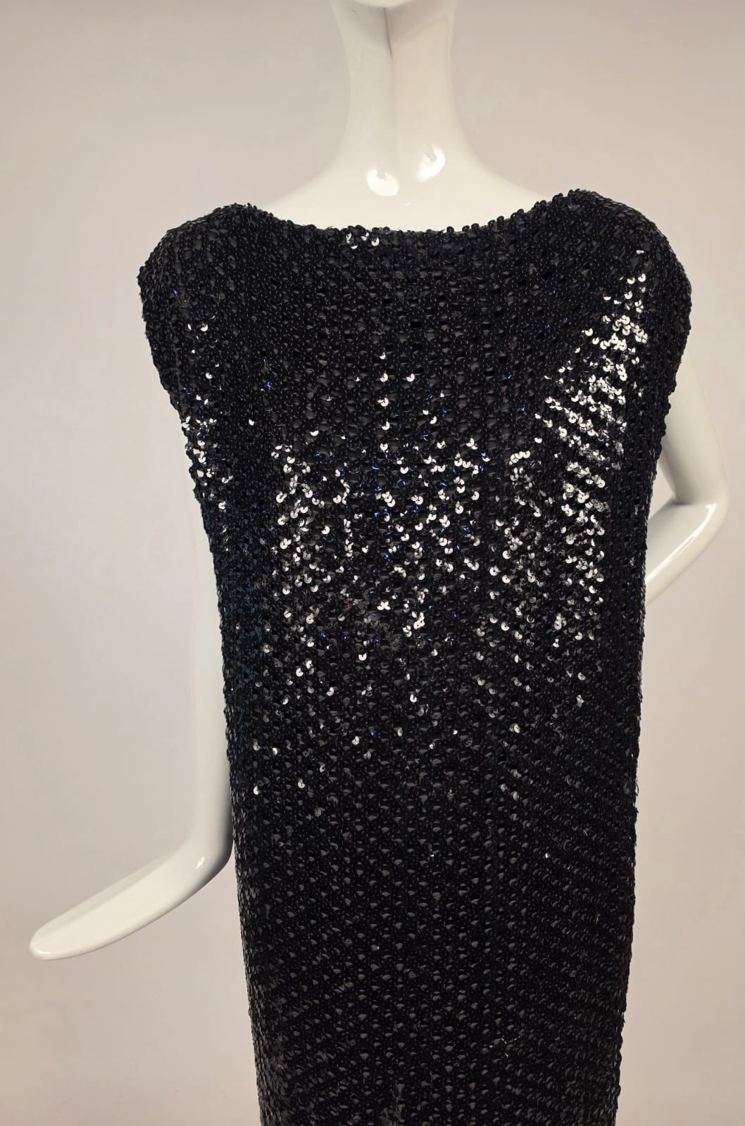 VINTAGE 1970’S LIQUID BLACK SEQUIN COLUMN GOWN DRESS W SAKS FIFTH AVE LABEL