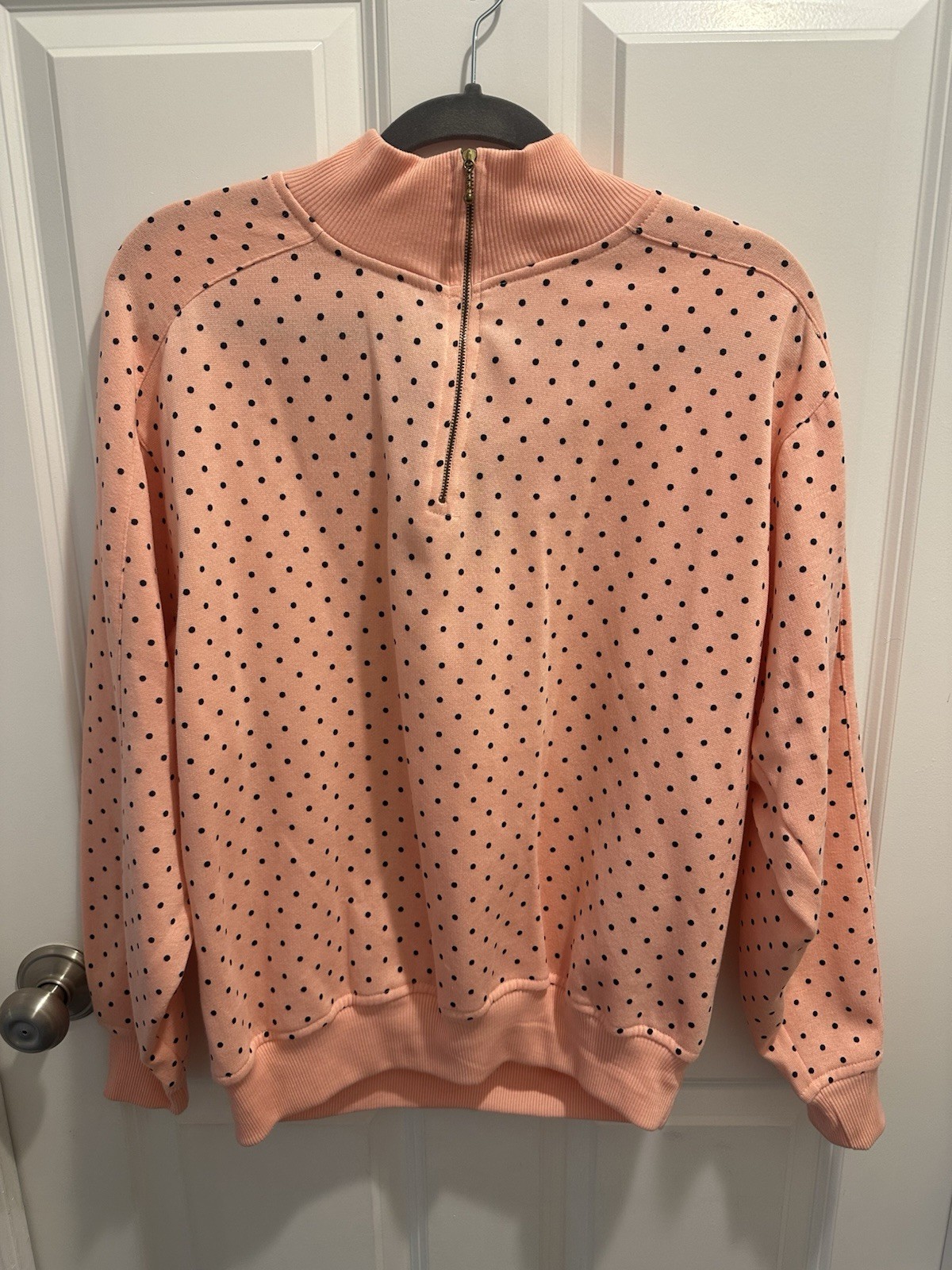 Vintage NWT Trend Basics Pink Black Polka Dot Pullover Sweatshirt 1/4 zip Small