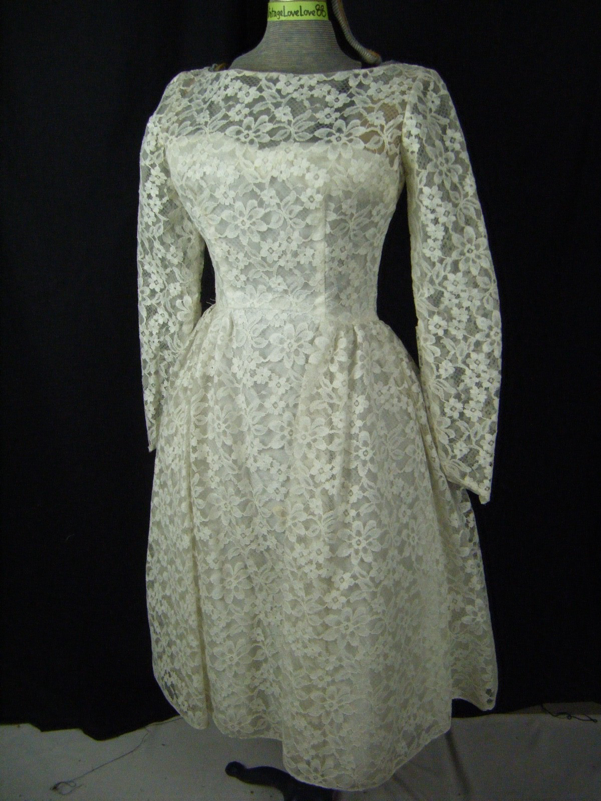LORRIE DEB Vtg 60s White Floral Lace Tea Length Wedding Party Dress-Bust 34/2XS