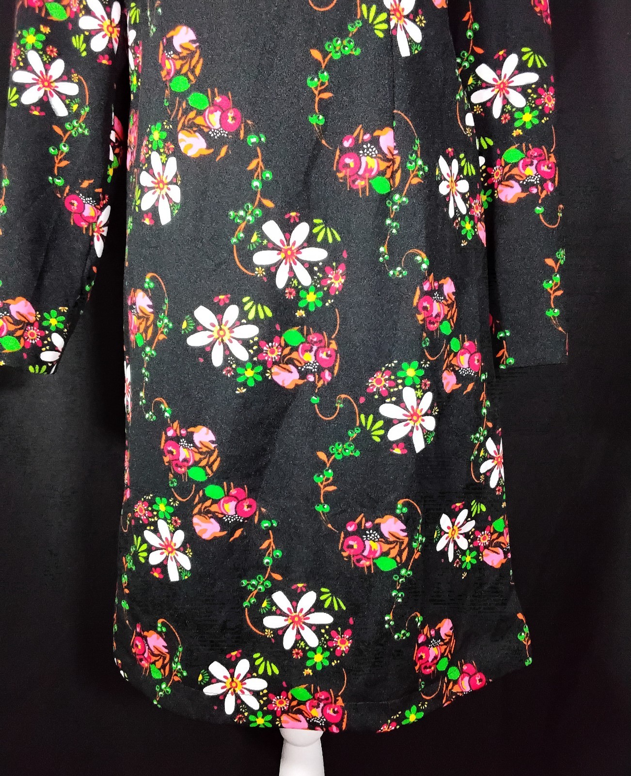 Vintage 70s Unbranded Shift Midi Black Floral Dress Long Sleeves Sz M/L USA