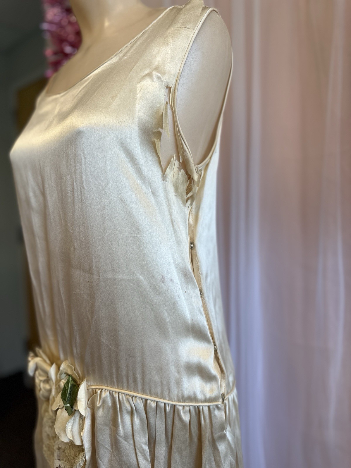Vintage Antique 20s Flapper Wedding Dress Ivory Lace Drop Waist As Is S