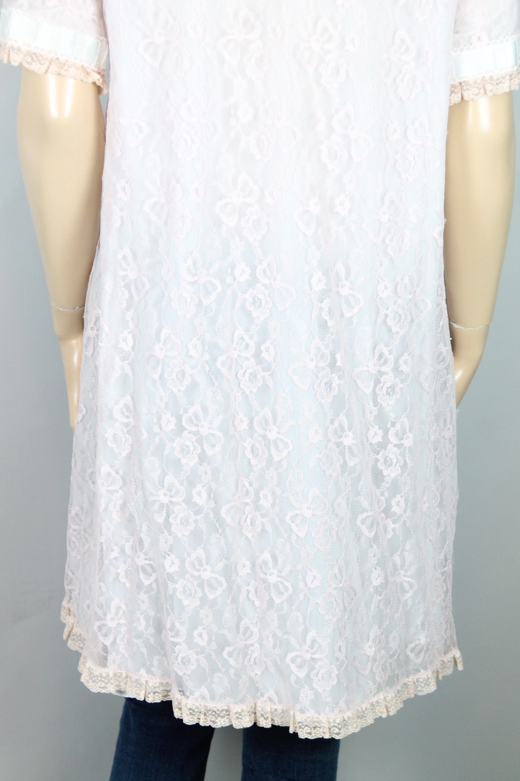 Vtg ODETTE BARSA Blue Pink Ruffles Layered Lace Bed Jacket Dress Robe S