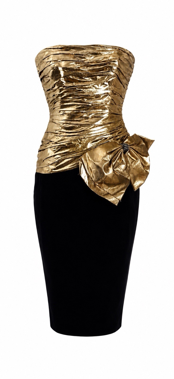 Vintage 1980’s 1990’s A.J. Bari Gold Lame Ruched Bustier Fitted Dress Huge Bow