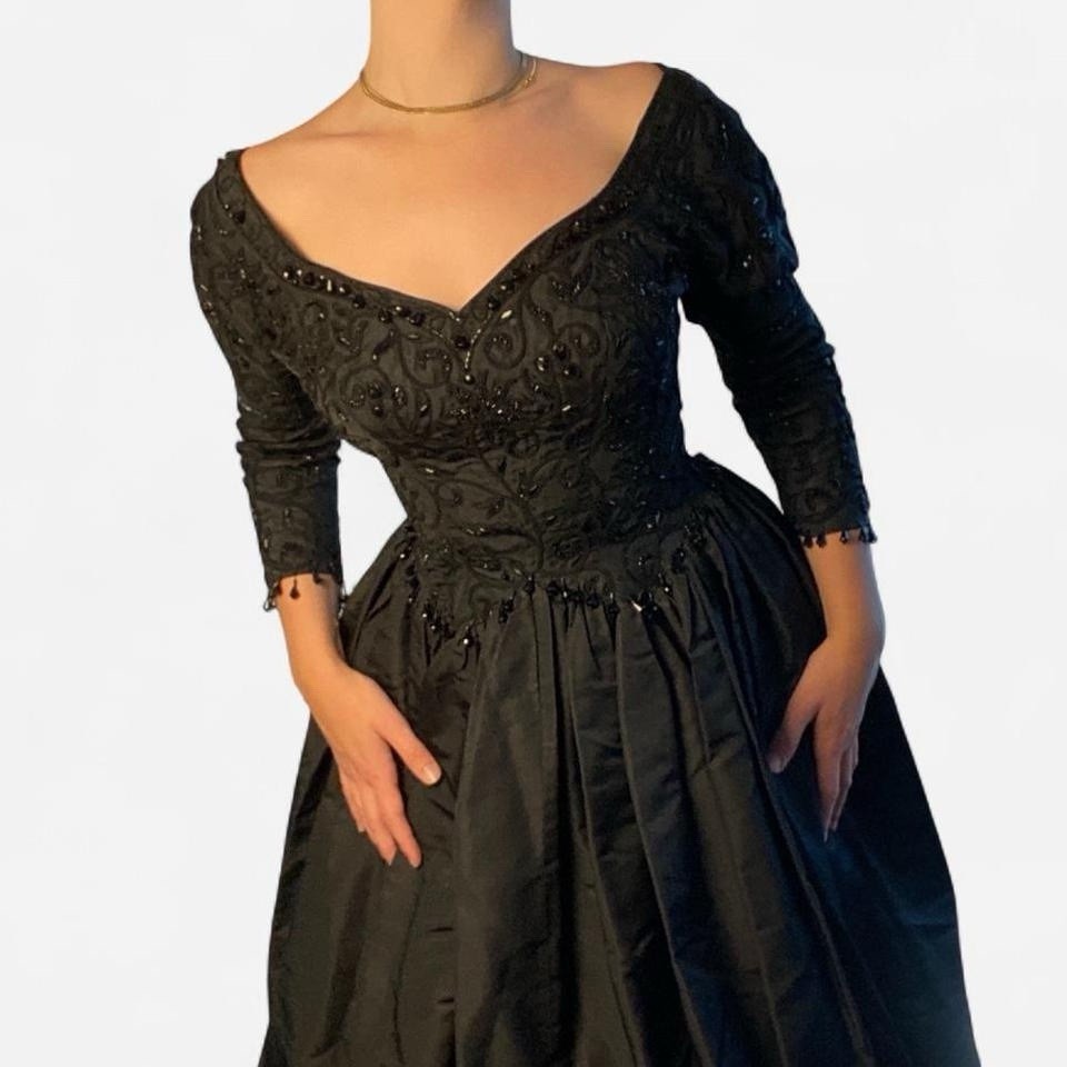 1950s Old Hollywood Black Beaded Embroidered Full Skirt Dress (Bramson)