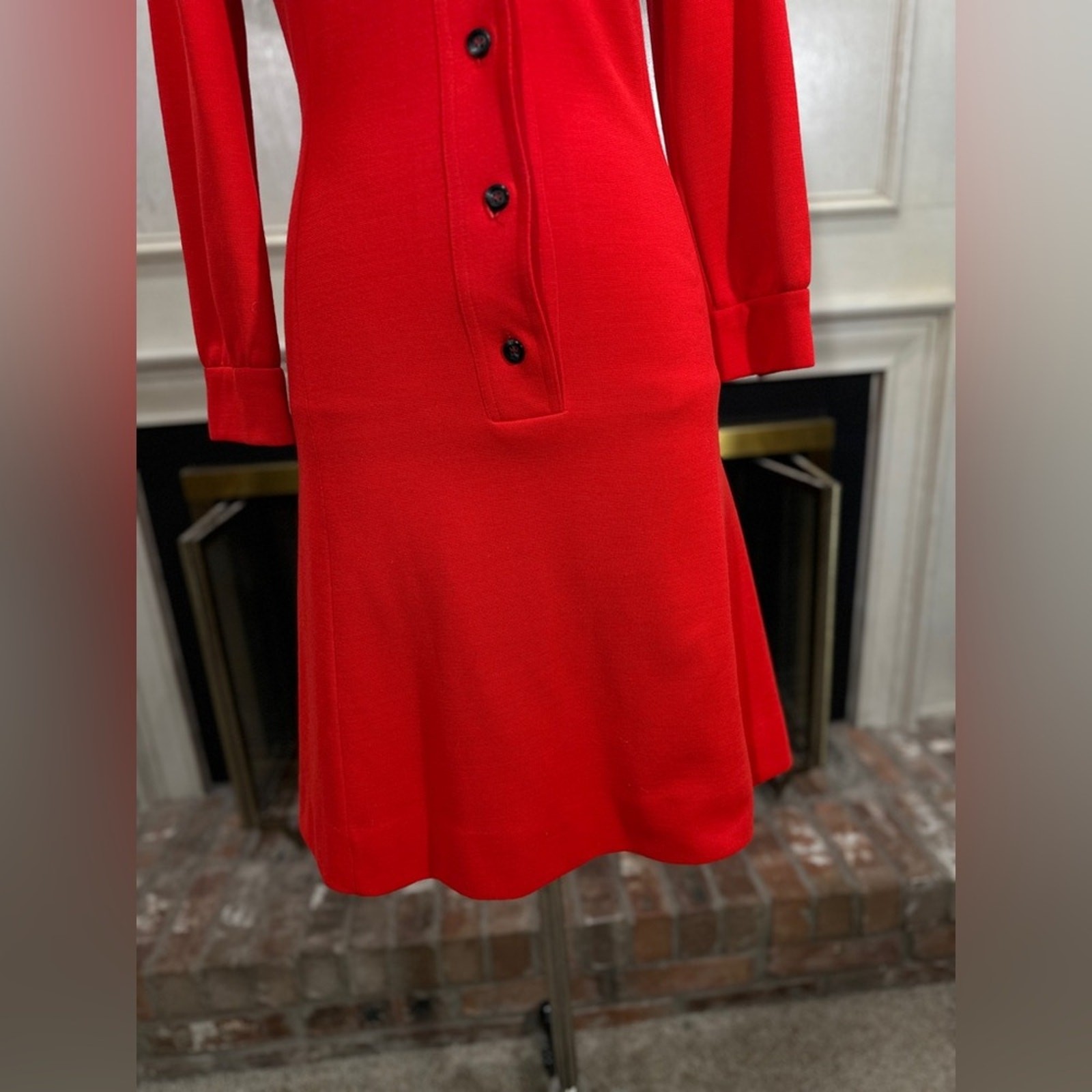 Vintage David Crystal Red Button-Front Dress Heavy Knit Collared (fits small)