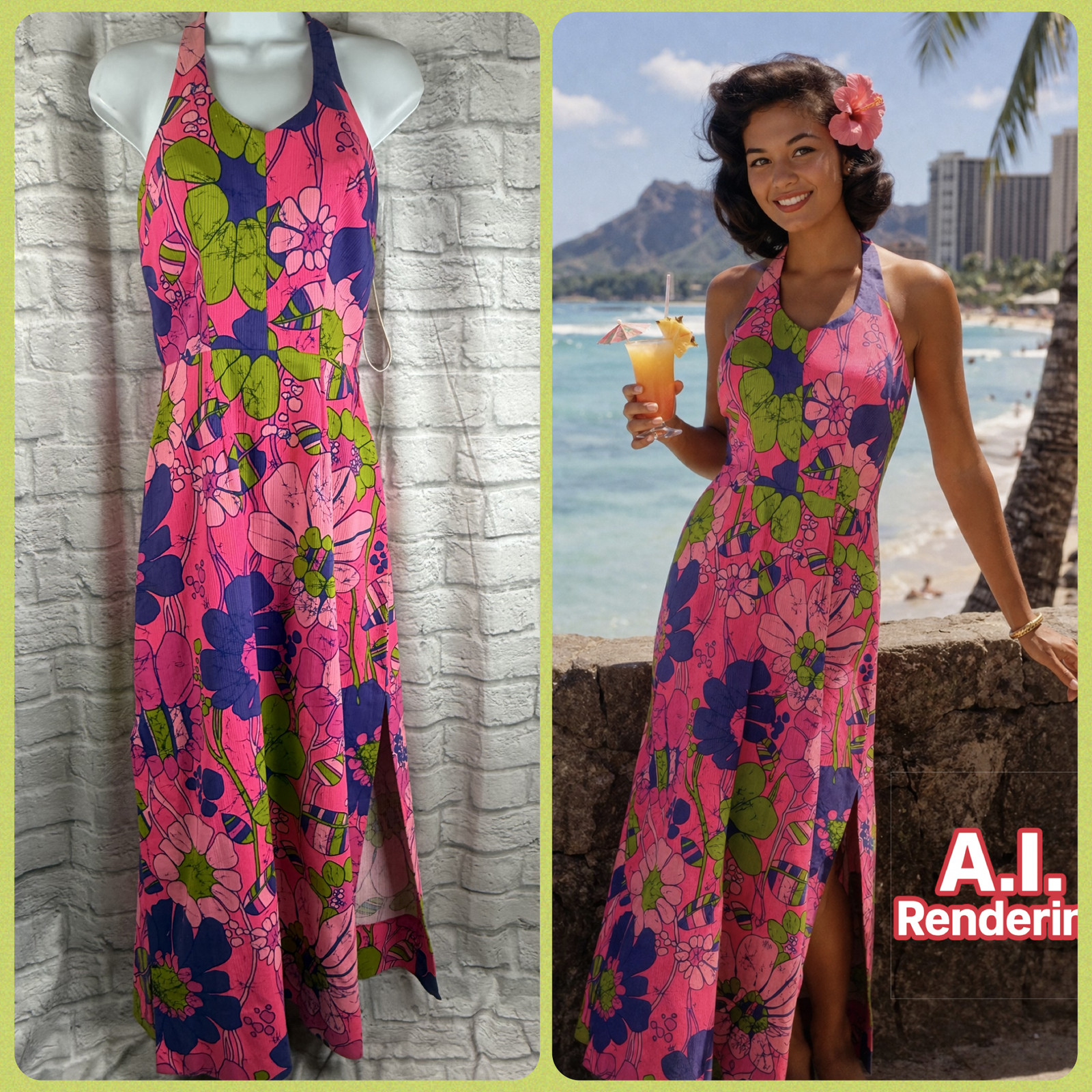 1960s Kahala Halter Dress Neon Pink Floral Heavy Textured Cotton w/ Built In Bra