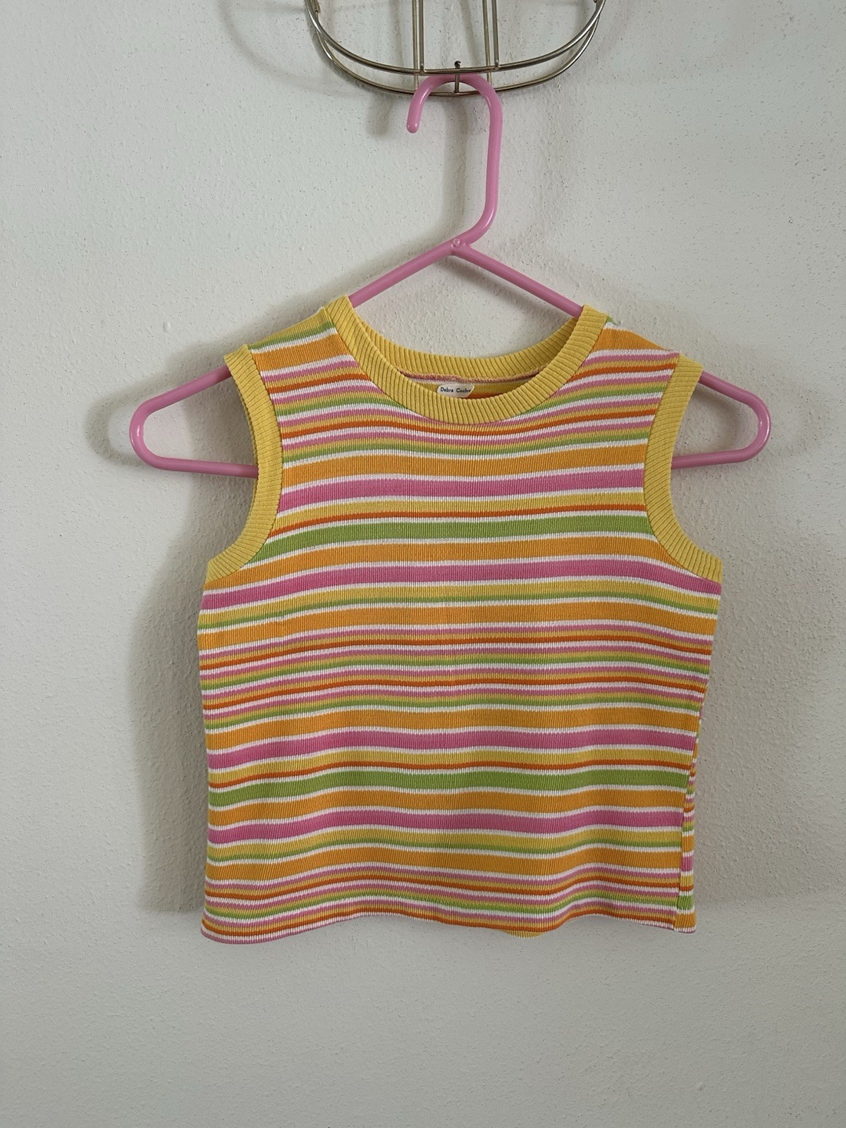1960s 70s Stripe Knit Crop Tank Top Mod Resort Sportswear Surf Pink XS S VTG