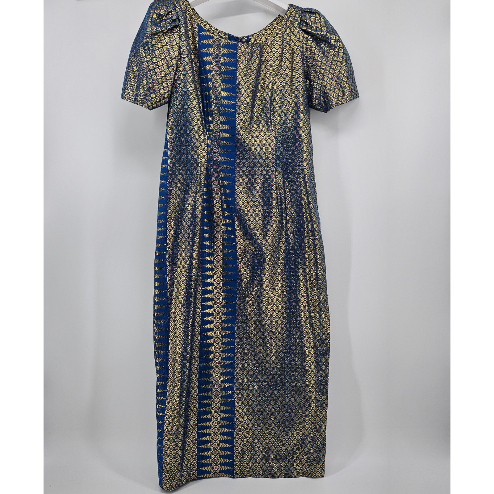 Vintage Thai Silk Brocade Maxi Dress Blue Gold Metallic Floral Puff Sleeve L
