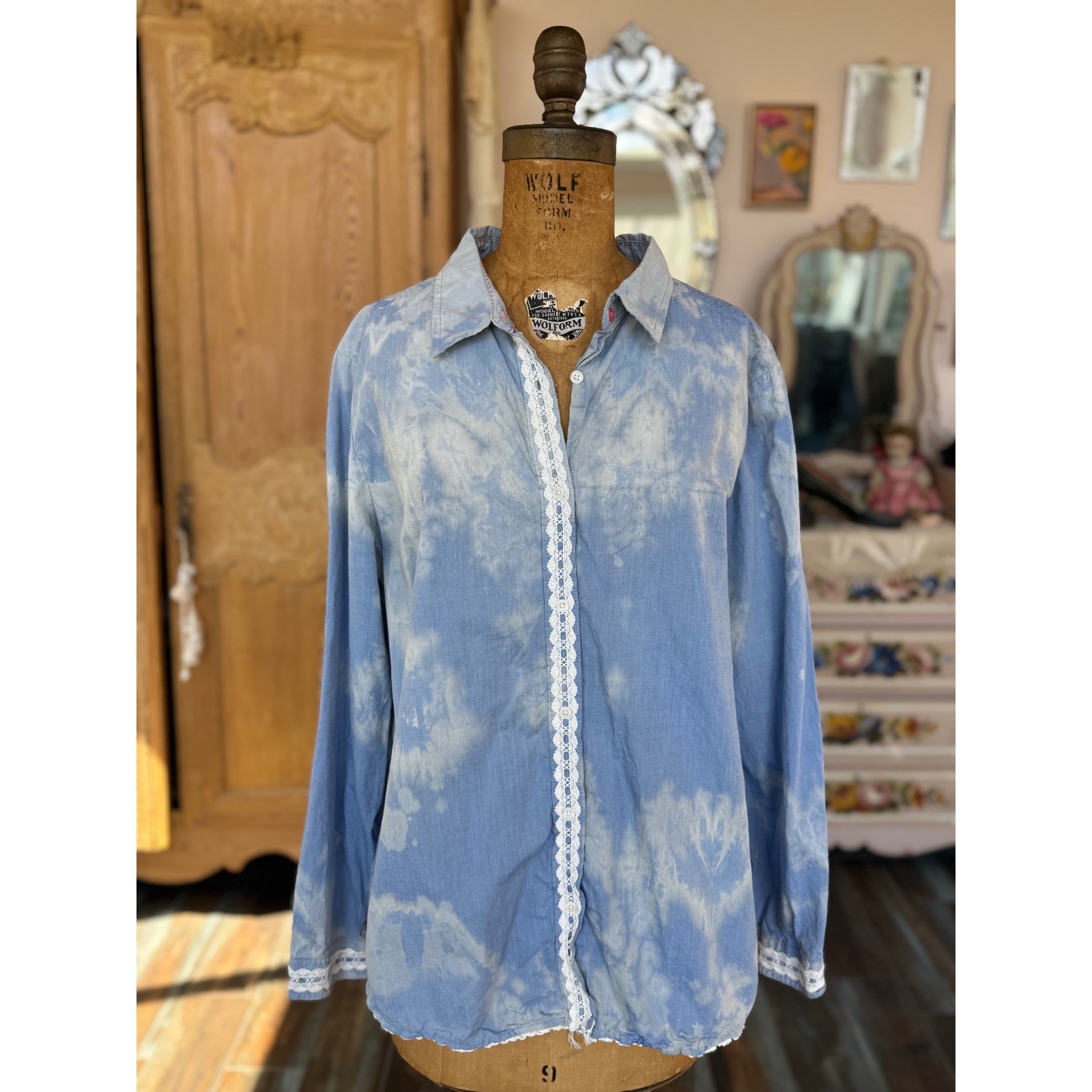 Upcycled Chambray Shirt Bird Patch Cottagecore XL Cotton