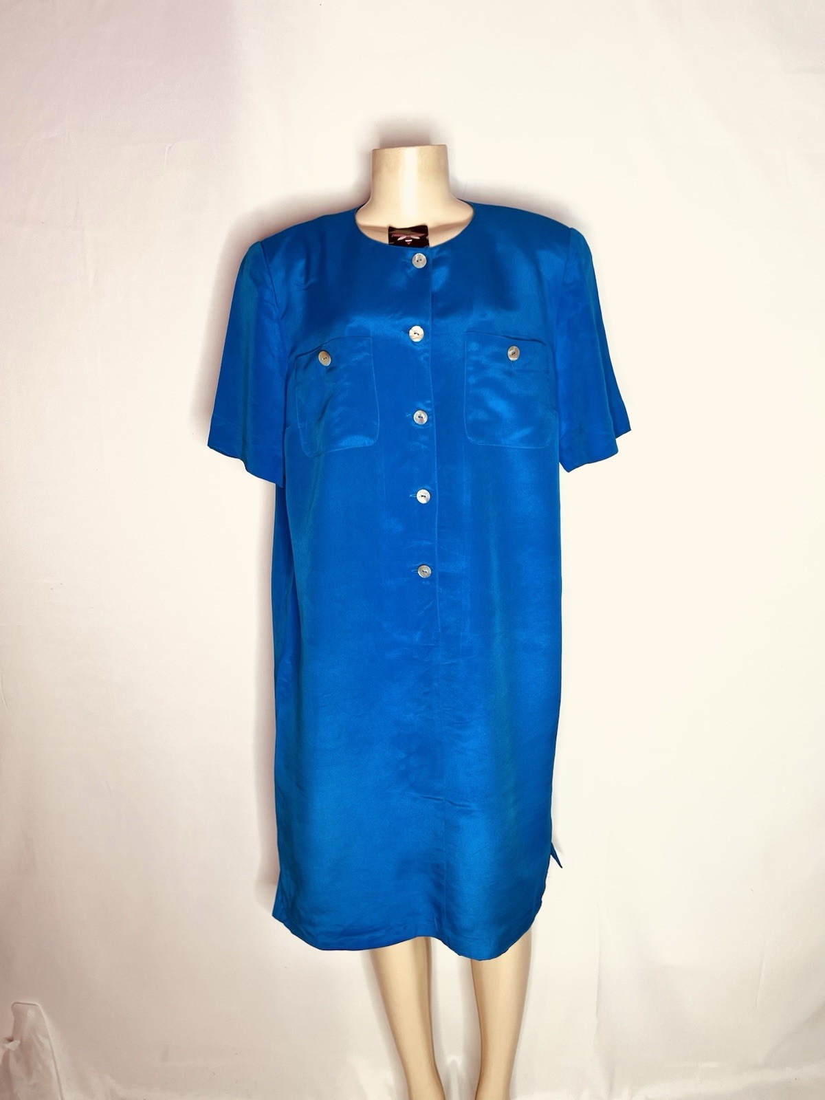 SHOMI BRAND BLUE SILK VINTAGE DRESS W/ FRONT POCKETS SZ 16