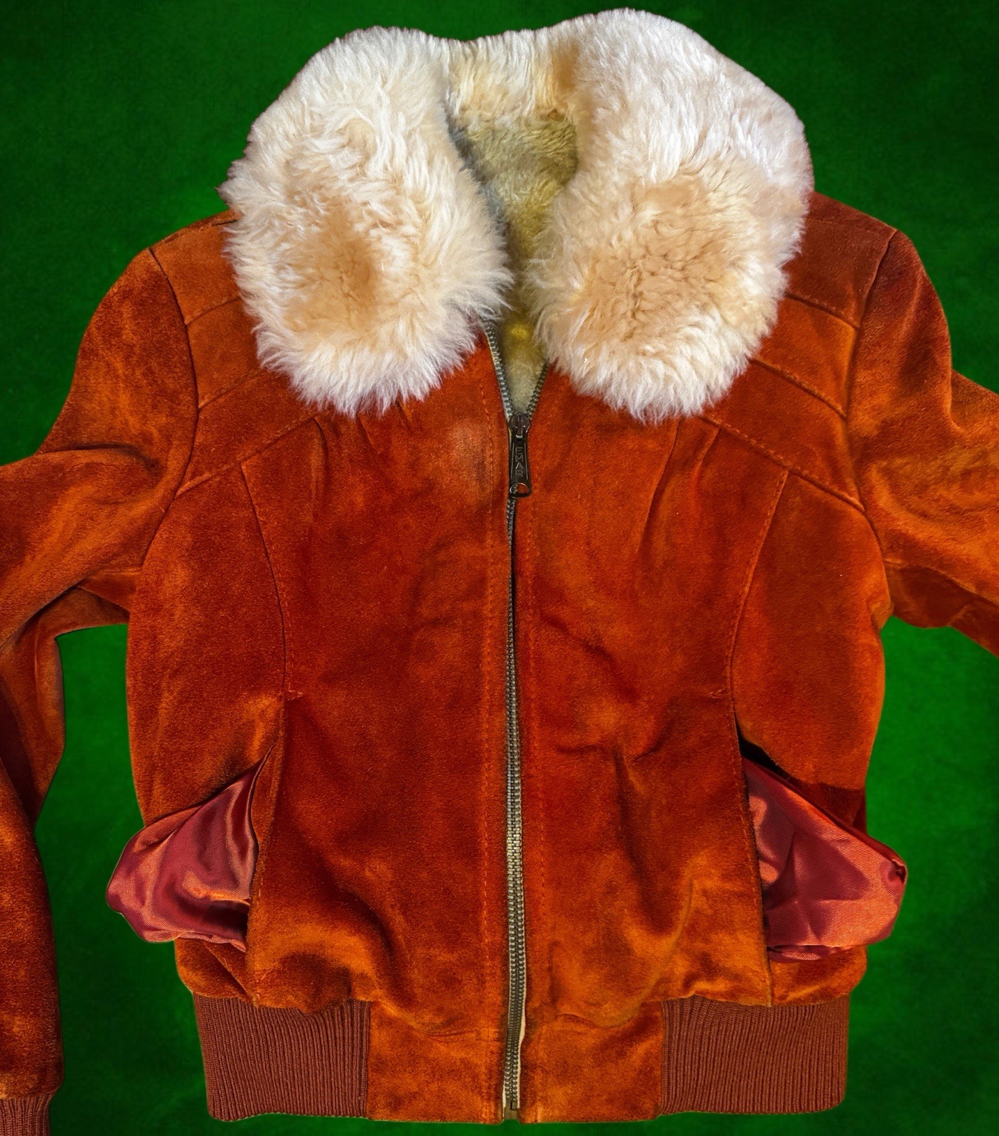 Vintage 70s Rust Suede Bomber Jacket Uruguay Wool Collar Womens XS/S Cropped