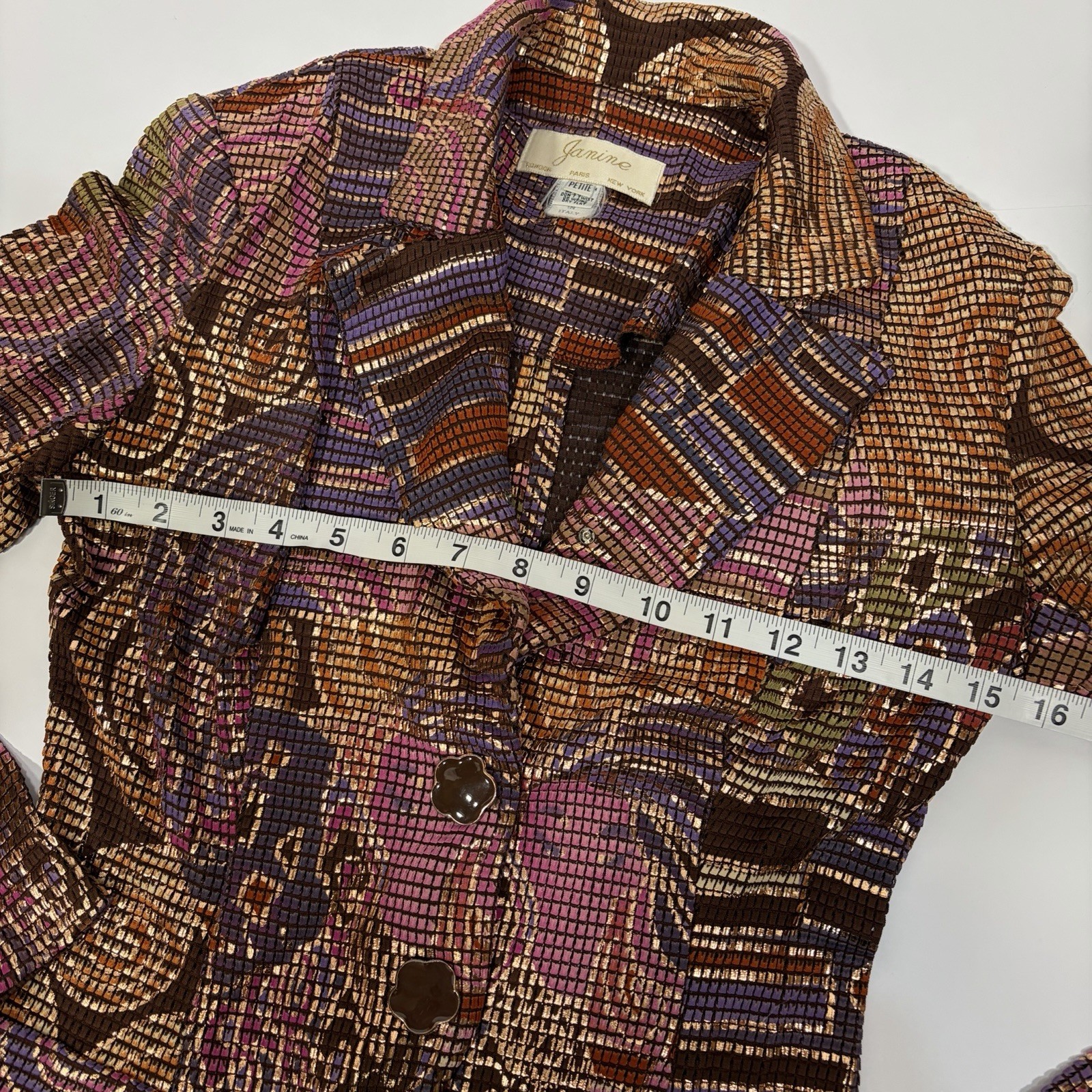 Janine Petites Geometric Skirt Suit Brown Purple Gold Pink Multicolor
