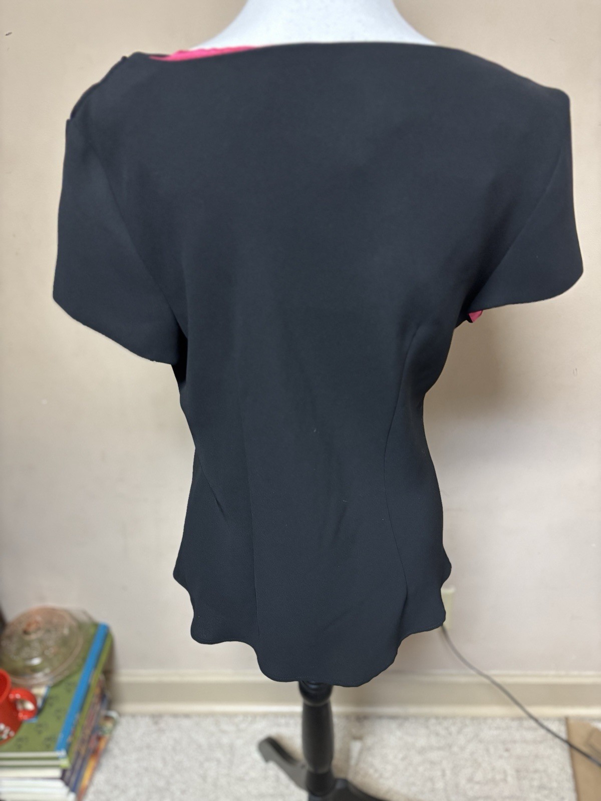 Vtg black SL Fashions polyester lined embroidered floral top, Made in USA, 12