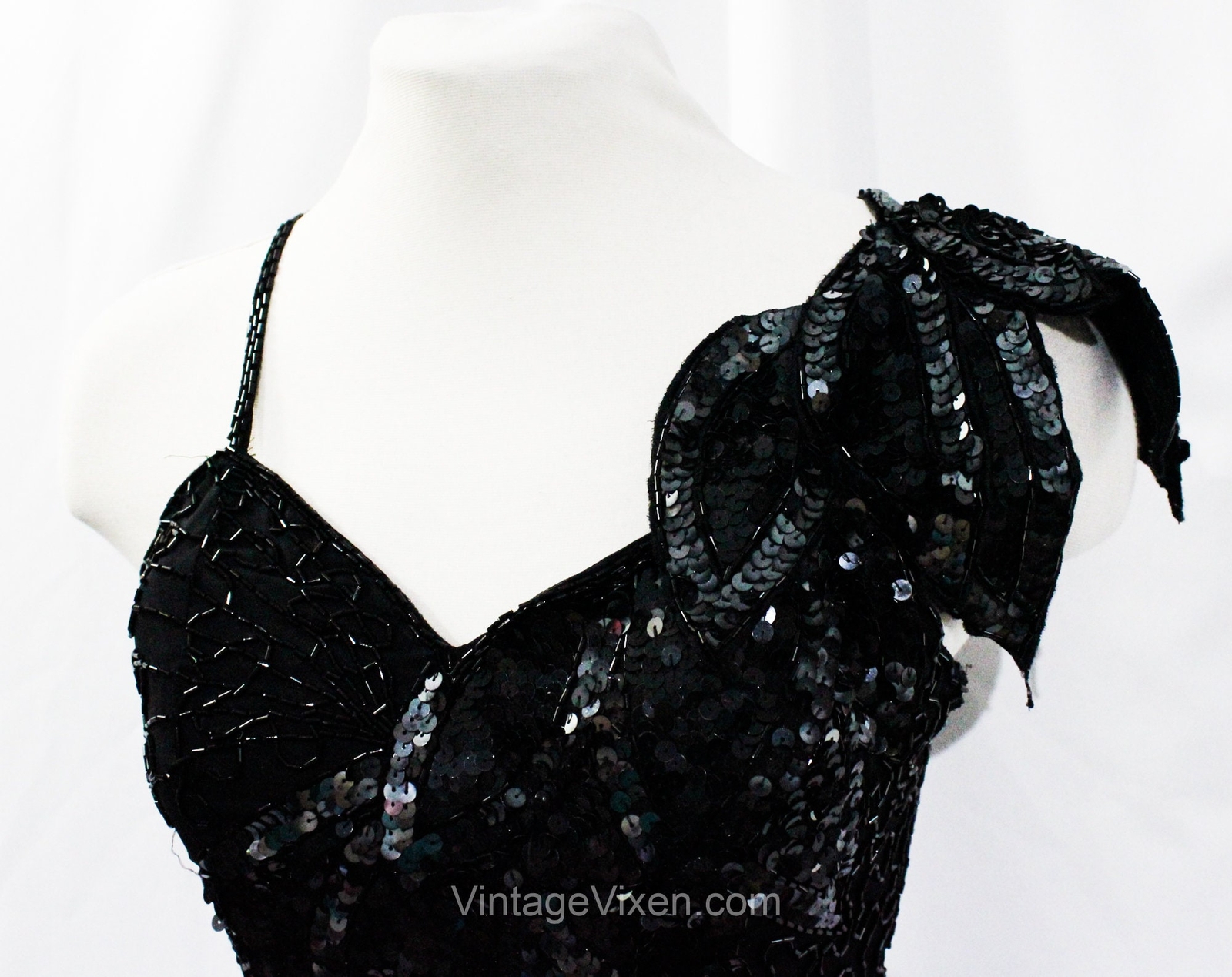 Sexy Black Party Dress – Small Glam Disco 80s Beads & Sequins Size 4 Asymmetric