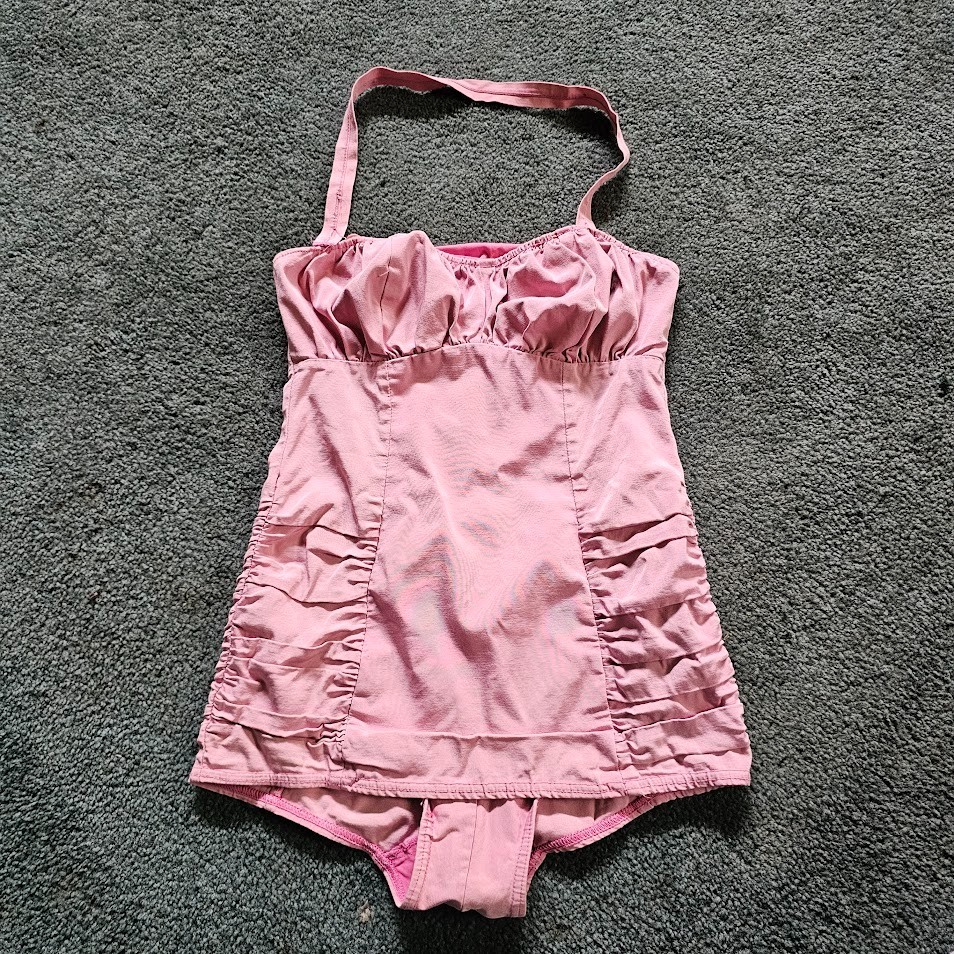 Vtg 50s Pink Ruched Sea Nymph Bombshell Halter Swim Bathing Glamour Suit XS/S