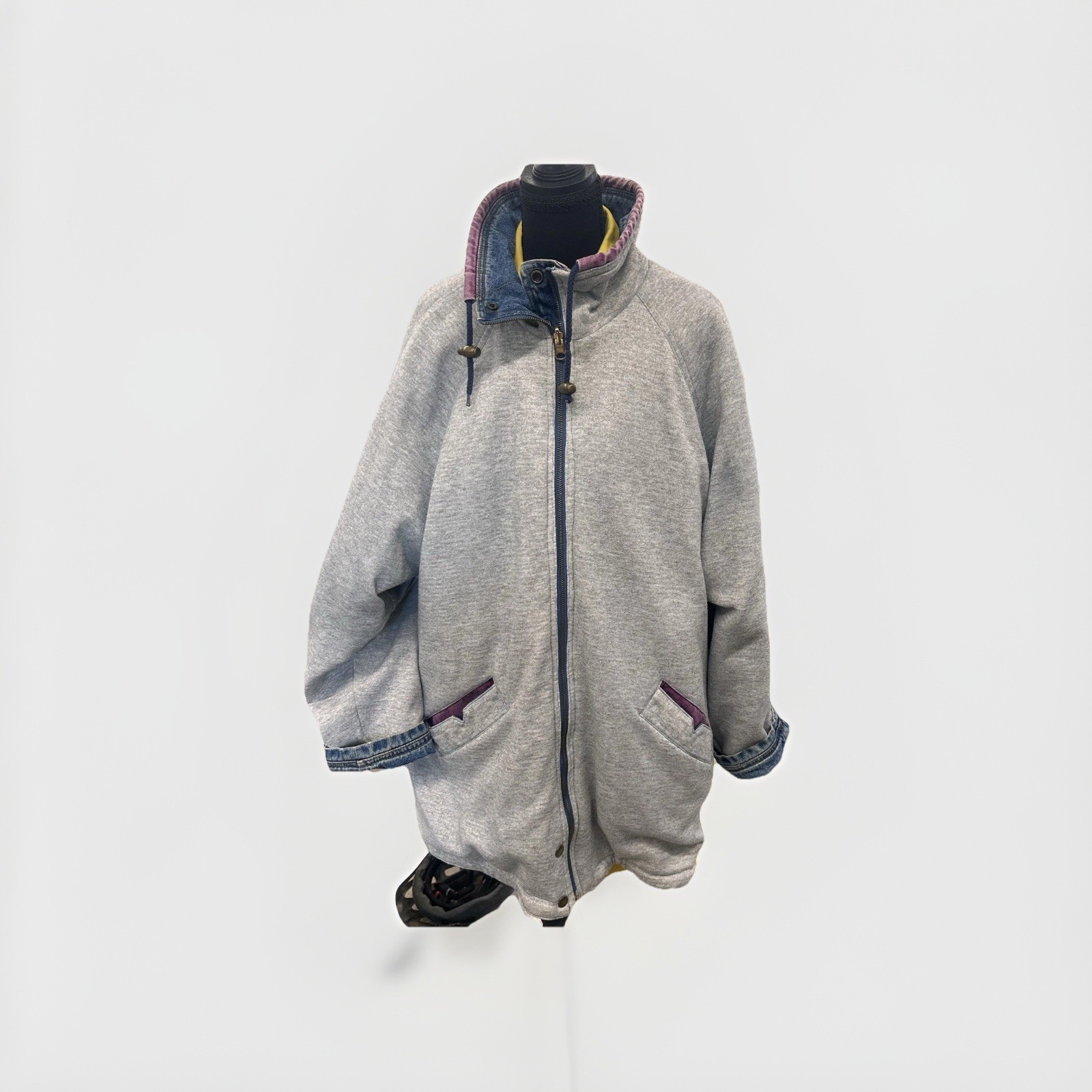 Vintage Reversible Denim Long Jacket With Grey Sweatshirt Interior Size 22 Wide