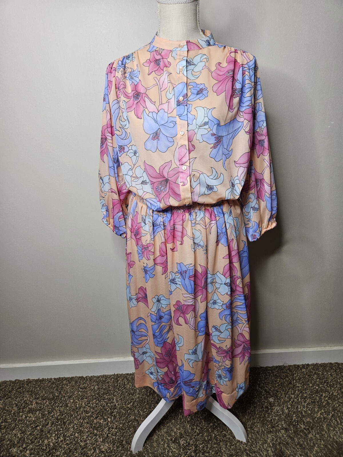 Vintage 60s 70s Pastel Lavendar Floral & Coral Semi Sheer 2pc Jacket & Skirt Set