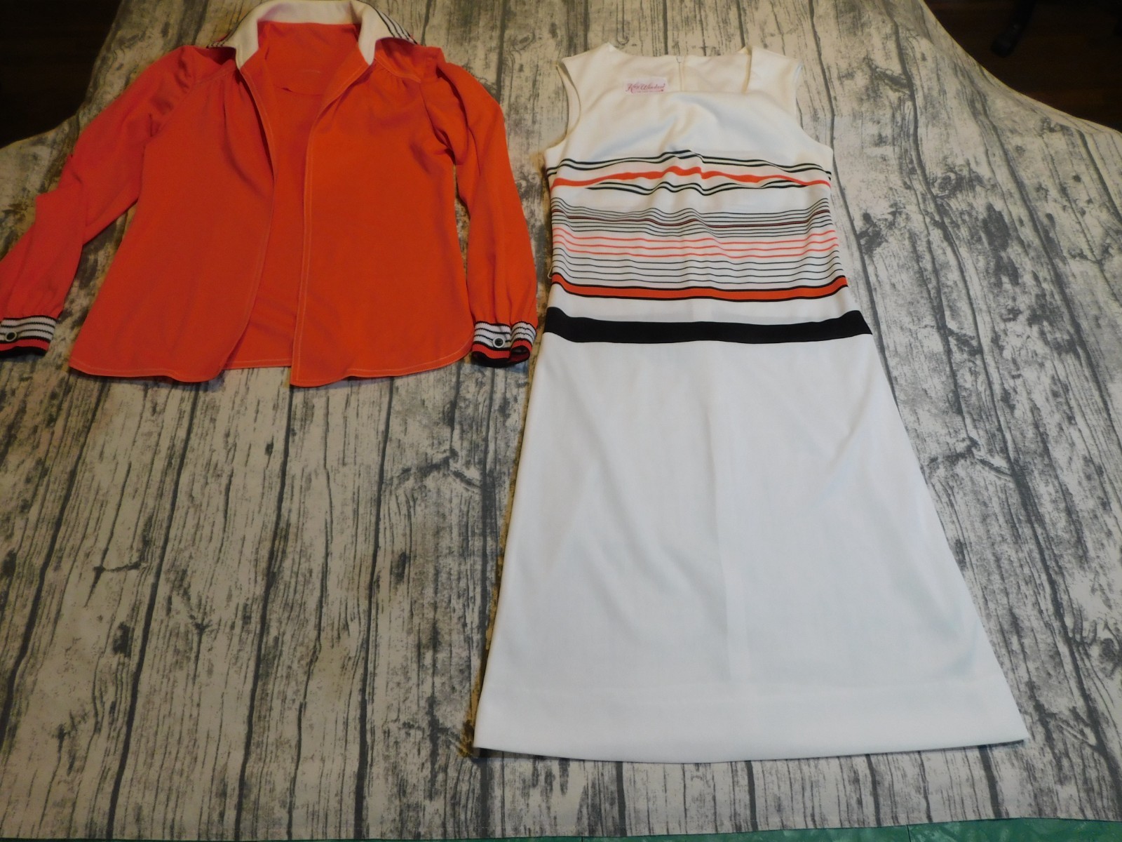 VTG 60&rsquo;s MOD GOGO GROOVY DRESS W JACKET STRIPE RED WHITE BLUE POLY S KAY WINDSOR