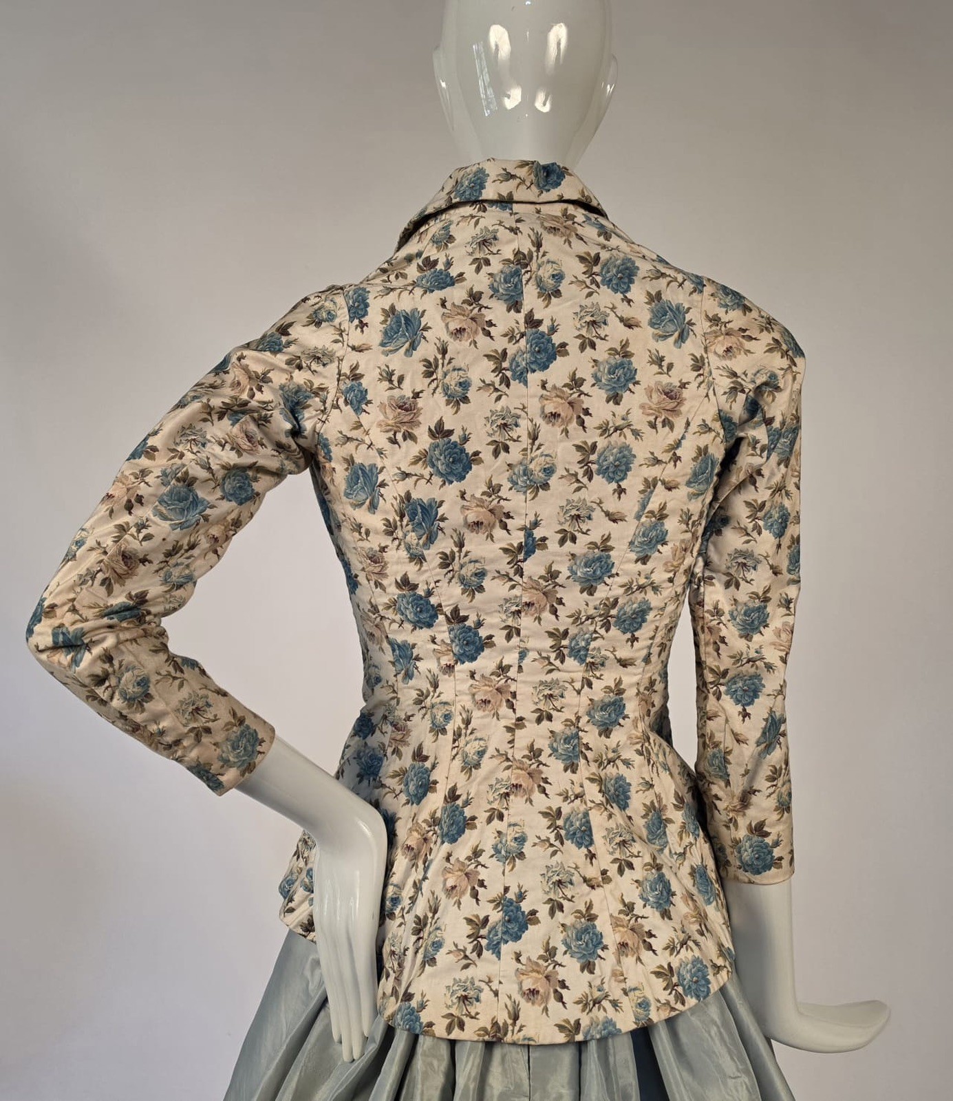 THE ULTIMATE VICTORIAN 1880’S PINK + BLUE ROSE PRINT BUSTLE JACKET XXS SIZE