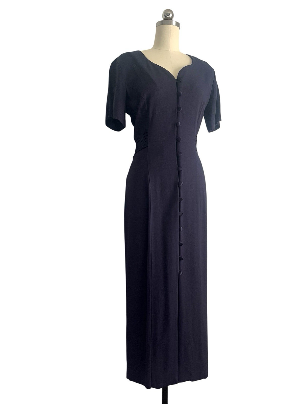 Vintage 80s Navy Blue Button Down Satin Belt Heart Neckline 40s inspired Midi S