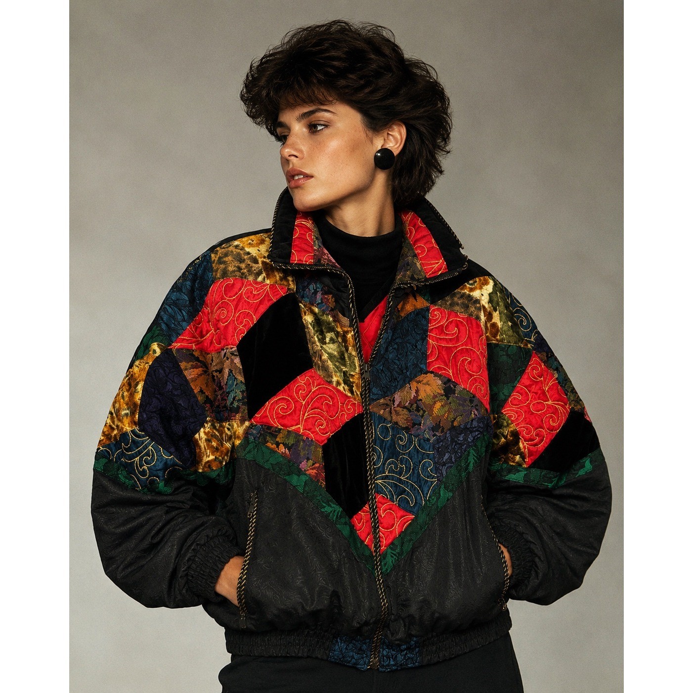 Vintage Pizazz Duvet Down Puffer Jacket XS Patchwork Velvet Brocade 80s 9682