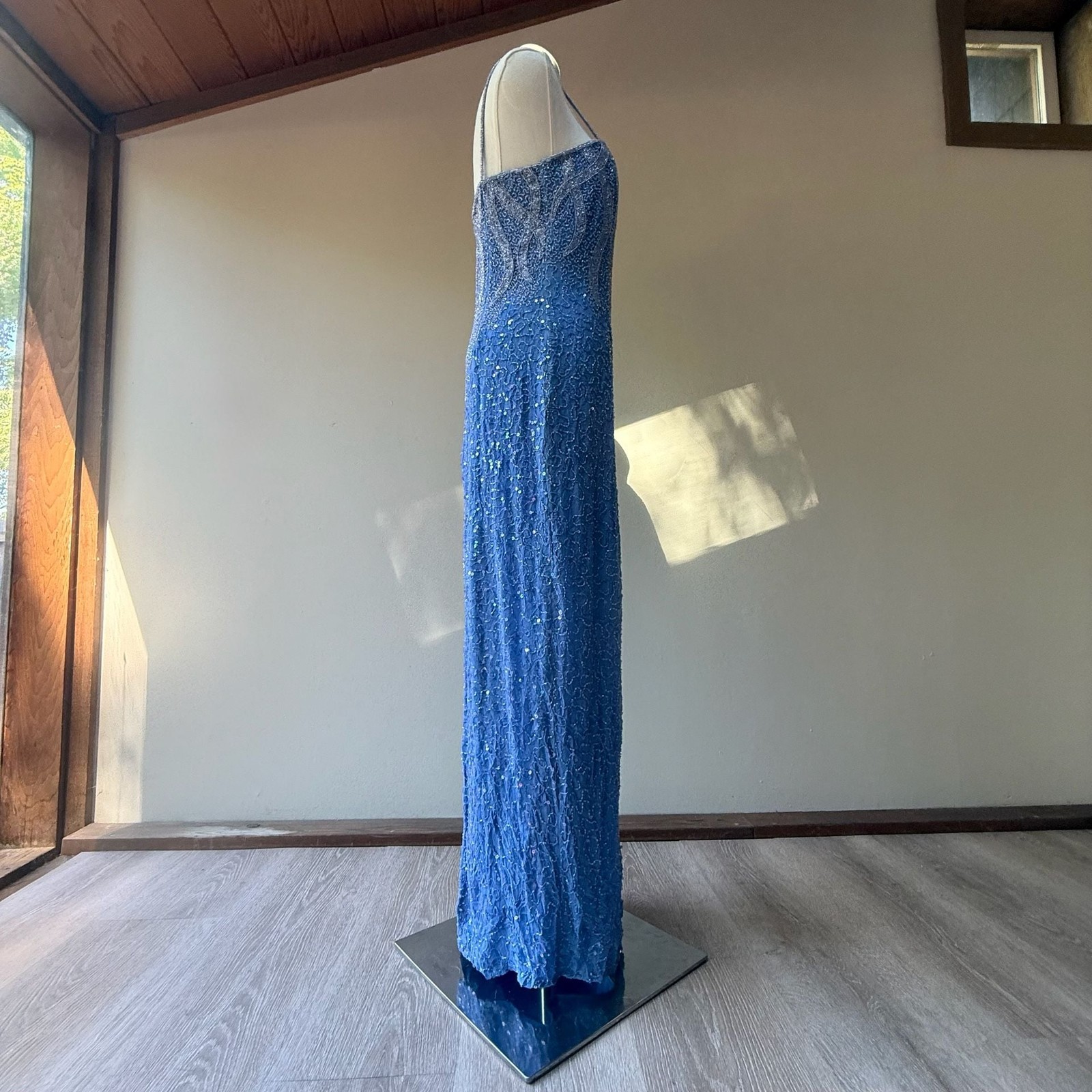 Vintage Blue Fully Beaded 100% Silk Maxi Column Evening Gown