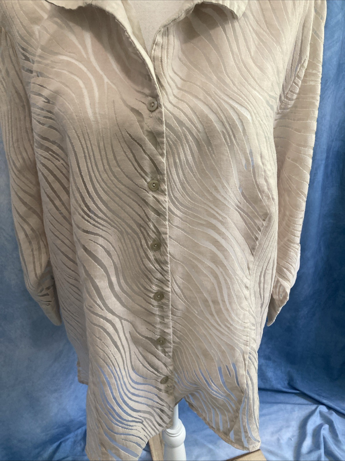 Vtg Y2K Sheer Zebra Burnout Shirt Blouse Beige Tan Tunic Plus Size 2X Unbranded