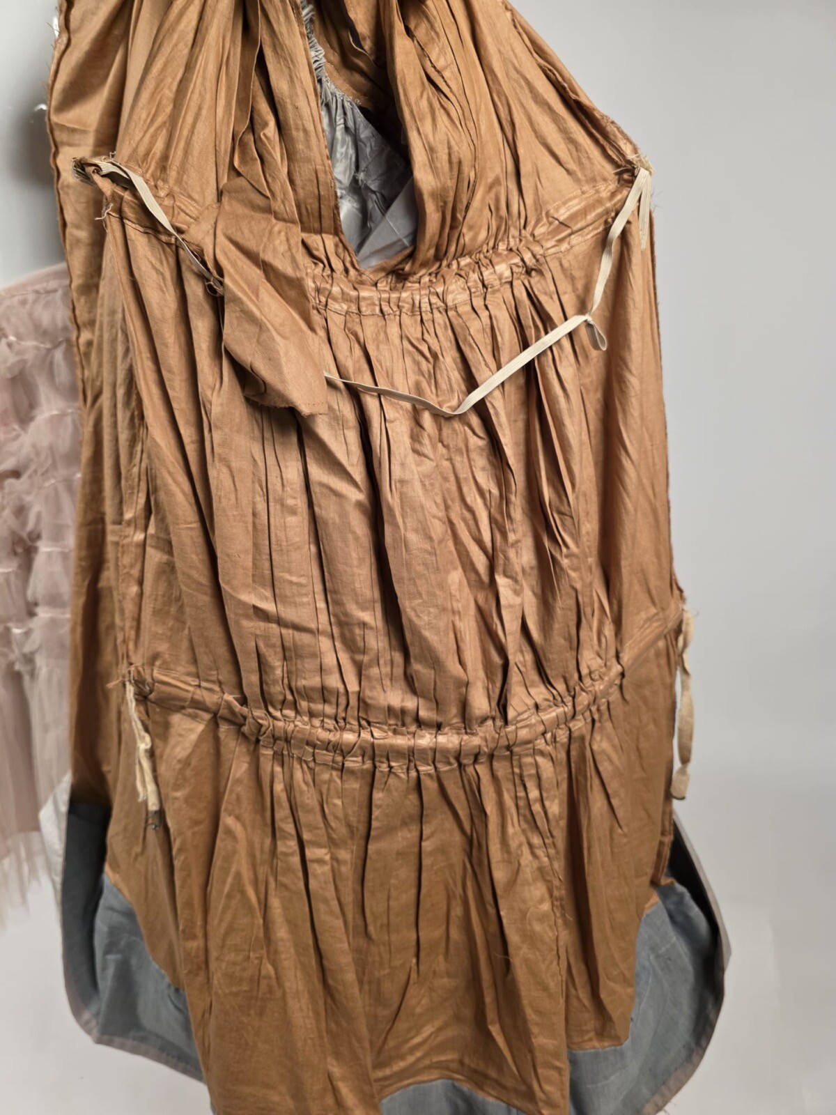 VICTORIAN 1880’S SILK TAFFETA BUSTLE DRESS W BUILT IN BUSTLE CAGE + SILK SASH