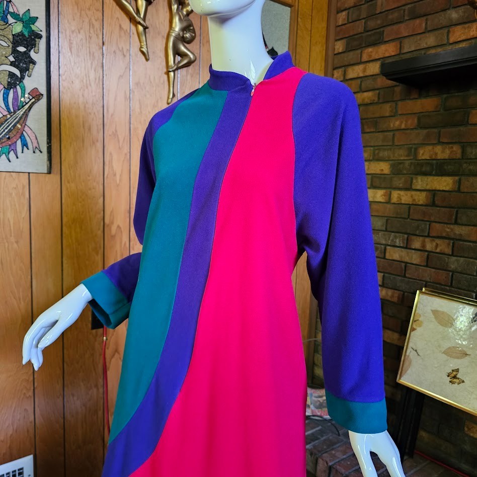 Vtg 80s New Wave Vanity Fair Colorblock Fleece Lounge Maxi Dress Caftan P M/L