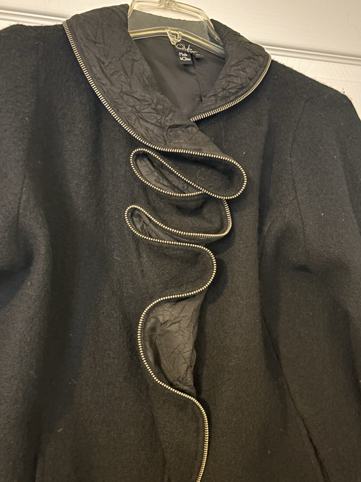 VTG CoVelo Black Ruffle Zip Front Jacket Coat Y2K Avant Garde Art To Wear Size L