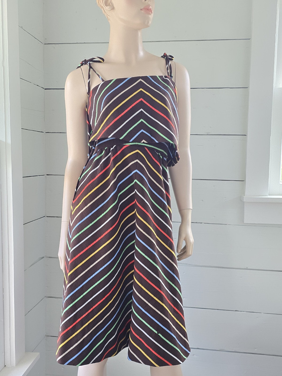 Vntg 70&rsquo;s Nardis Of Dallas Multi Color Striped Asymmetrical women&rsquo;s Day Dress