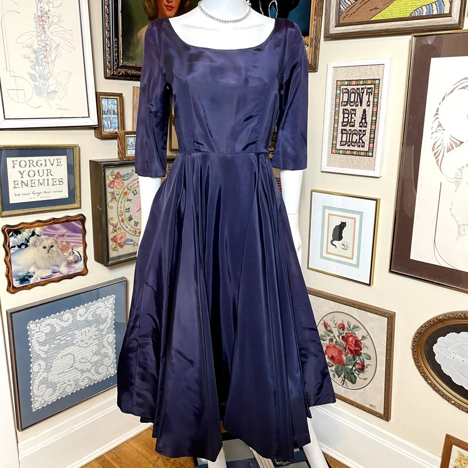 50s Vintage Midnight Blue Faille Scoop Neck Party Dress with Lacing and Butt Bow