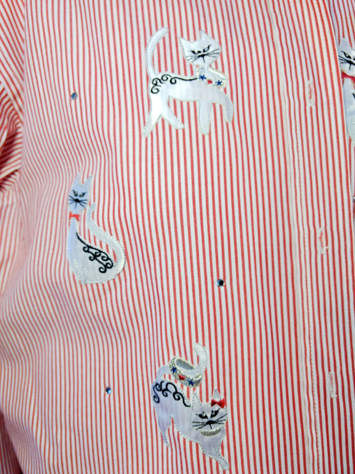 CAT Applique Shirt 2pc Womens Medium Set Red White Stripe Tank Crystals Kitschy
