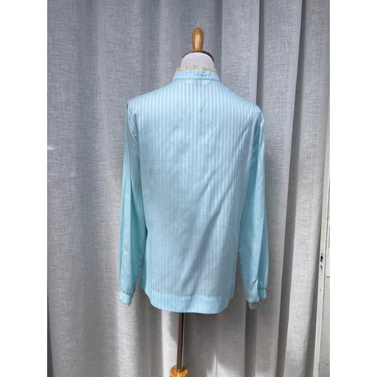 Victorian style blue striped long sleeve blouse lace accents made by Judy Bond