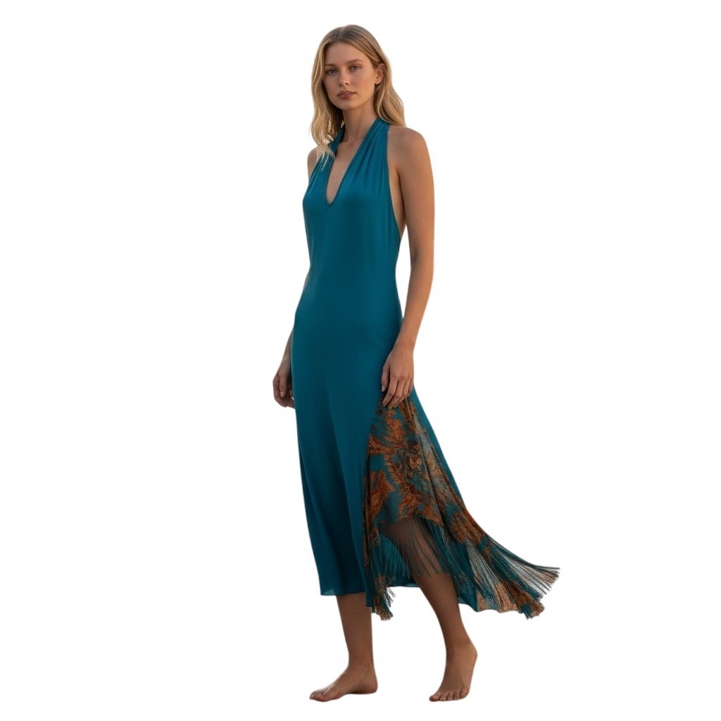VERSACE ATELIER Haute Couture Runway Teal Blue Halter Medusa Dress 90&rsquo;s Y2K RARE