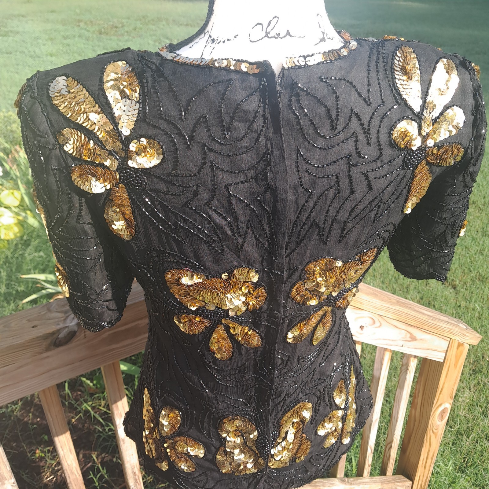 Vintage Stenay Silk Sequin Beaded Top Small Floral Black Gold Regency Goth Event