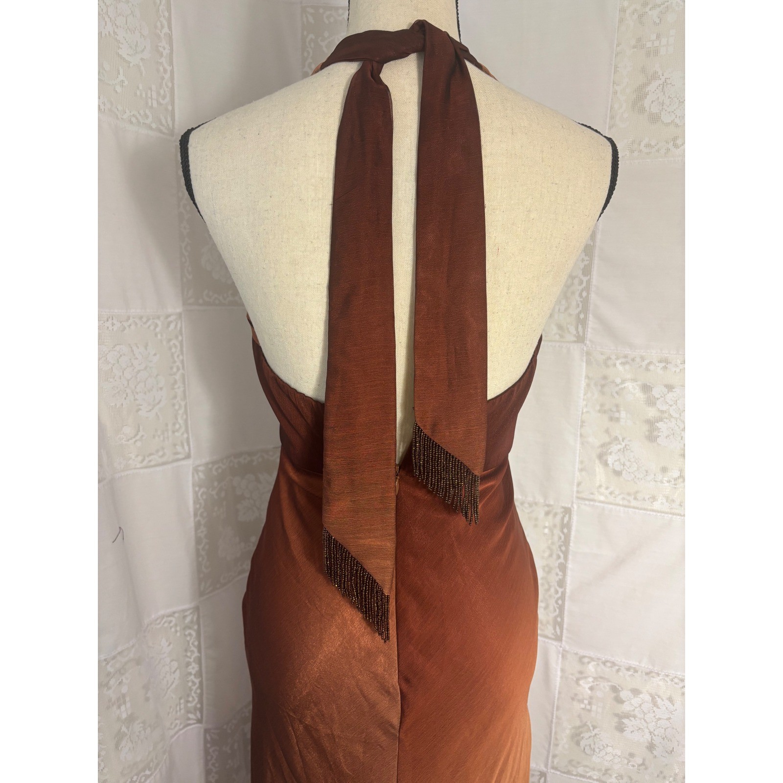 VTG Brown Copper Ombre Plunge Neck Halter Beaded Floor Length Gown Size XS
